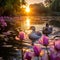 Tranquil Sunset Serenade: Mallards and Pekin Ducks Gracefully Glide Amidst Blooming Water Lilies
