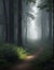 Tranquil Trail Through a Misty Woodland. AI Generated.