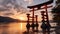 Tranquil twilight reflects ancient pagoda in water generated by AI