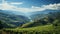 Tranquil vineyard, green meadow, mountain range, autumn sunset, Italian winery generated by AI