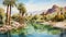 Tranquil Watercolor Desert Oasis with Towering Palm Trees AI Generated