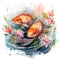 Tranquil Watercolor Fish Swimming in Farm Pond with Blooming Water Plants AI Generated