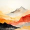 A tranquil watercolor landscape, with soft gradients of orange and red flowing into misty grays, depicting a serene