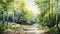 Tranquil Watercolor Painting: Serene Forest Road In 8k Resolution