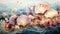 Tranquil watercolor waves and seashells forming a seamless pattern