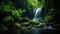 Tranquil waterfall amidst lush green forest with moss-covered rocks