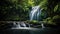 Tranquil waterfall amidst lush green forest with moss-covered rocks
