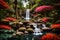 A tranquil waterfall is surrounded by vibrant flowers and palm palms in a Japanese garden