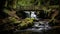 Tranquil waterfall with vintage wooden bridge in scenic view