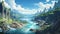 Tranquil Waters A painting of a tranquil river surrounded by a lush green valley and towering mountains. Seamless looping video