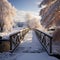 Tranquil winter day, a snow covered wooden bridge in a serene setting