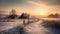 Tranquil winter landscape snow, frost, sunset, farm, tree, meadow generated by AI