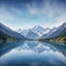 Tranquil Winter Landscape with Snowcapped Mountains and Frozen Glacial Lake. ai generative