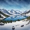 Tranquil Winter Landscape with Snowcapped Mountains and Frozen Glacial Lake. ai generative