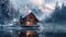 A tranquil winter scene of a remote cabin nestled amidst snow-capped mountains and a frozen lake, accessible only by a wooden dock