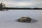 Tranquil winter scenery with a rock in frozen lake