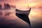 Tranquil wooden boat on calm lake, reflecting dawn light in serene nature landscape