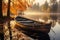 Tranquil wooden boat floating on lake with reflections at dawn, peaceful and serene nature landscape