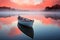 Tranquil wooden boat on lake with reflections at dawn, peaceful and serene nature landscape