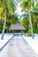 Tranquil wooden pathway leading to an umbrella through lush green palm trees