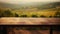 Tranquil wooden table offers a blank canvas for product presentation, with a blurred vineyard view