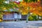 Tranquil Yard of Tradtional Wooden Shinto Shrine With Seasonal Red Maple Trees At Koyasan Mountain At Fall