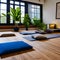 A tranquil yoga and meditation space with floor pillows, plants, and natural light2, Generative AI