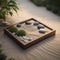 A tranquil Zen garden with carefully raked sand, smooth stones, and a simple wooden bench4