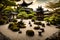 A tranquil Zen garden with meticulously raked gravel, surrounded by bonsai trees and a single stone lantern