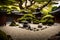 A tranquil Zen garden with meticulously raked gravel, surrounded by bonsai trees and a single stone lantern