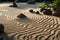 A tranquil Zen garden with raked sand and smooth stones.