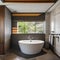 A tranquil and zen-like bathroom with a Japanese soaking tub, bamboo accents, and stone tiles3, Generative AI