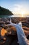 Tranquility beach at sunset. The sun setting on a coastline and old drift log on the rocks beach foregrounds. Laem Son, ranong,