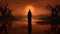 Transcendent Horror Dark Figure Walking Through Swamp At Orange Sunset