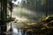 Transcendent Misty Forest Landscape with Sunlight Streaming Through Dense Foliage