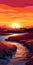 Transcendent Sunset: Vibrant Cartoonish River Meandering In Tuscany