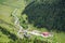 Transfagarasan winding road and chalet from top.