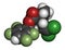 Transfluthrin insecticide molecule. 3D rendering. Atoms are represented as spheres with conventional color coding: hydrogen white