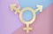Transgender symbol, Abstract Male and Female 3d golden icon homosexuality symbols and signs on pink, blue, purple background