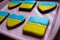 Translation: Ukraine. Patriotic gingerbread cookies with the flag of Ukraine. No war