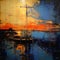 Translucent Expressionism: Ship Dock Oil Painting In Dark Orange And Blue
