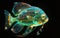 Translucent fish with neon glowing on dark undersea background, turquoise green fish with neon shine