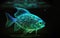 Translucent fish with neon glowing on dark undersea background, turquoise green fish with neon shine