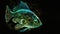 Translucent fish with neon glowing on dark undersea background, turquoise green fish with neon shine