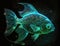 Translucent fish with neon glowing on dark undersea background, turquoise green fish with neon shine
