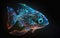 Translucent fish with neon glowing on dark undersea background, turquoise green fish with neon shine