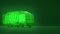 Translucent glowing green dump trash truck with recycle symbol on green background. concept of ecology dump operations