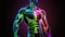 Translucent human body muscles colorful neon glowing on dark background, man bodybuilding muscle