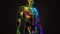 Translucent human body muscles colorful neon glowing on dark background, man bodybuilding muscle