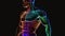 Translucent human body muscles colorful neon glowing on dark background, man bodybuilding muscle